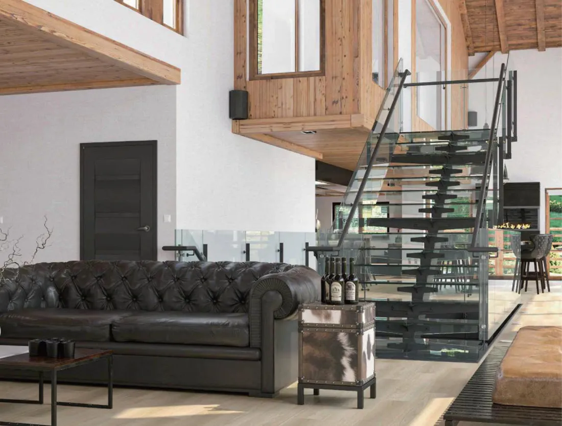 A double-height living room laid in pale oak SPC planks, with a glass staircase up to the loft