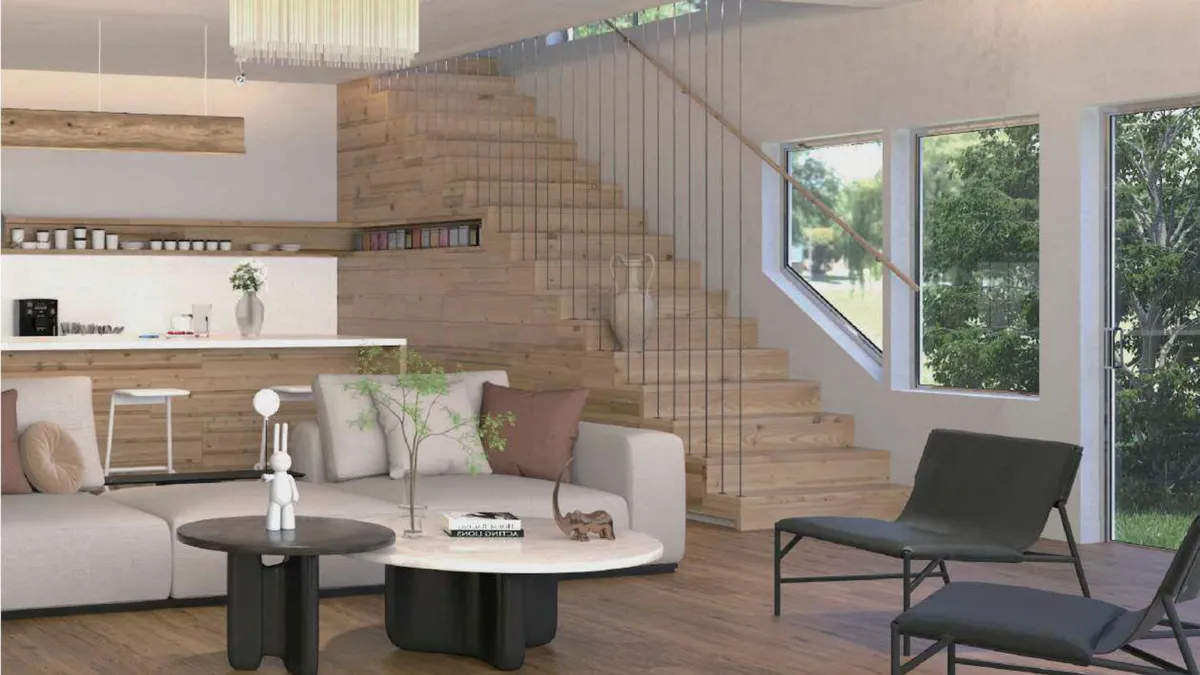 A living room with a staircase, laid in warm oak SPC planks