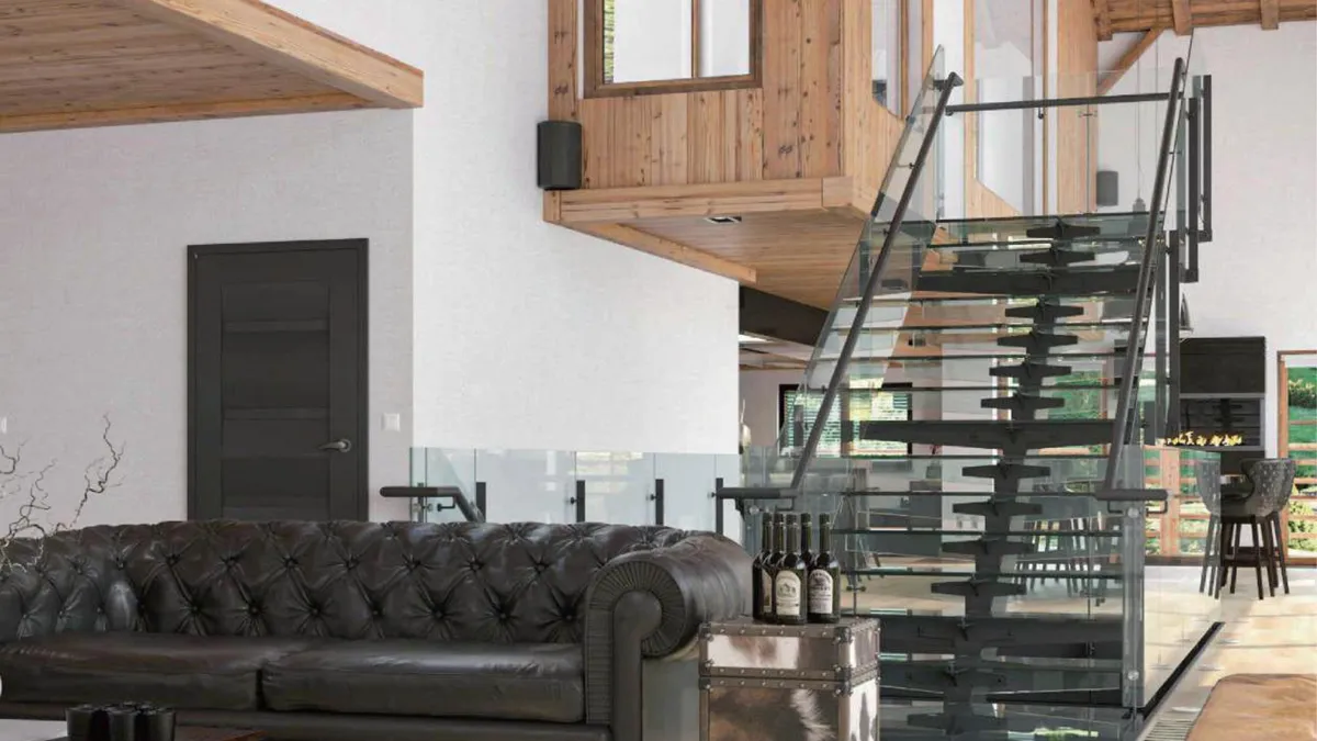 A double-height living room laid in pale oak SPC planks