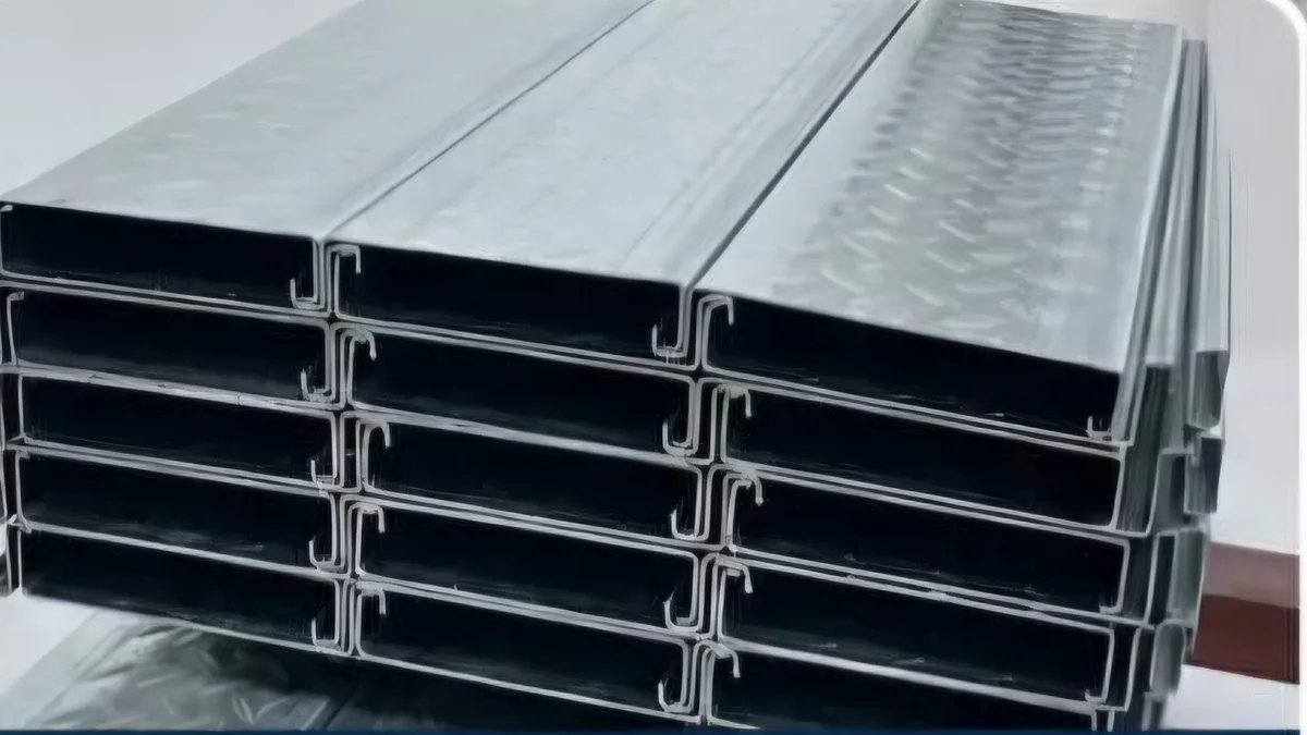 GI steel deck planks stacked end-on, showing the open channel profile and the hook edge